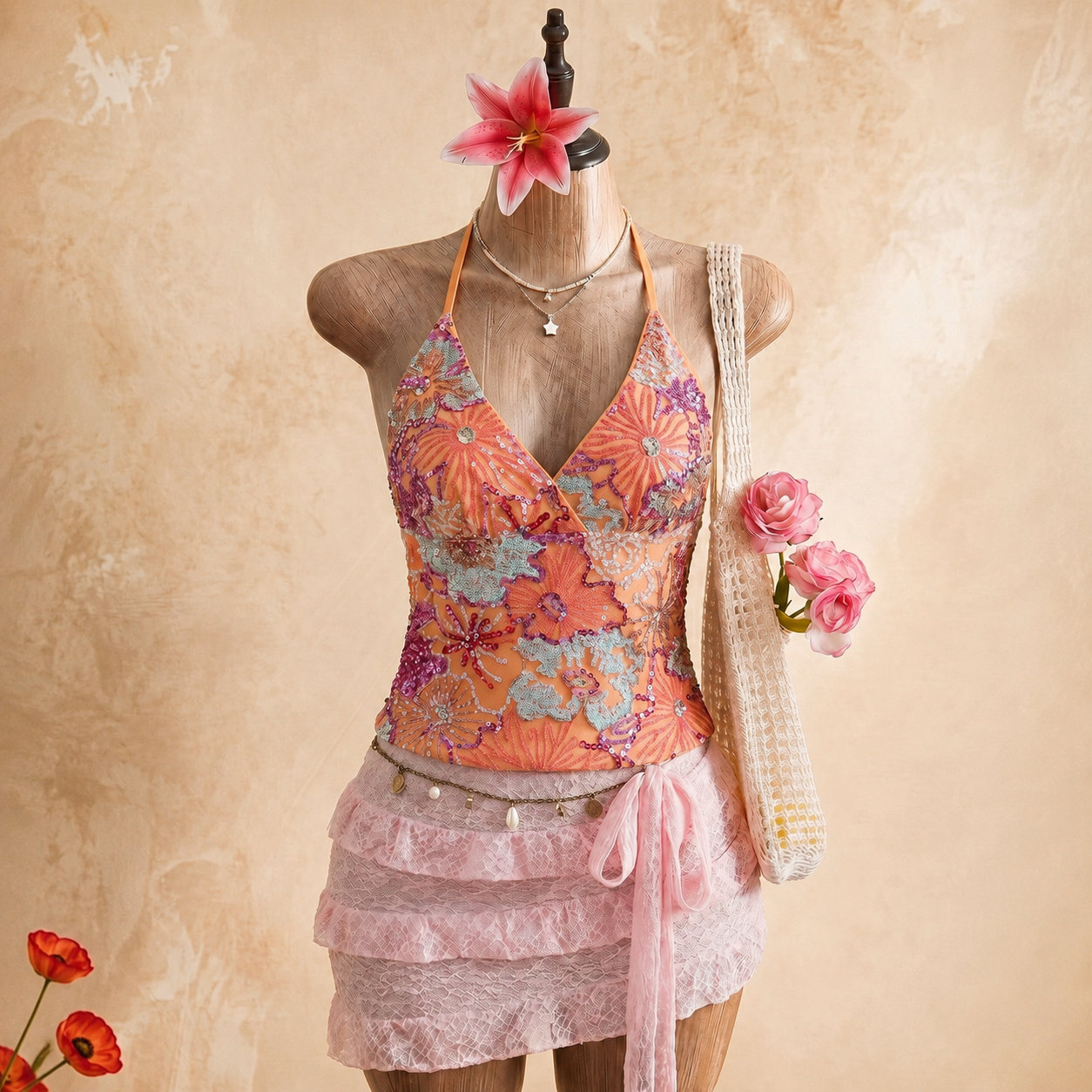 Backless Embroidery Beaded Camisole Top For Women