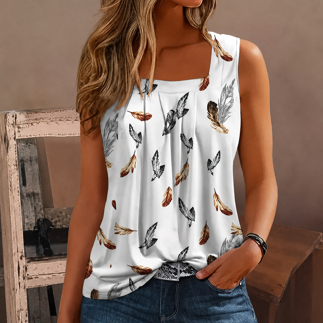 Sleeveless Printed Square Tank Top For Women