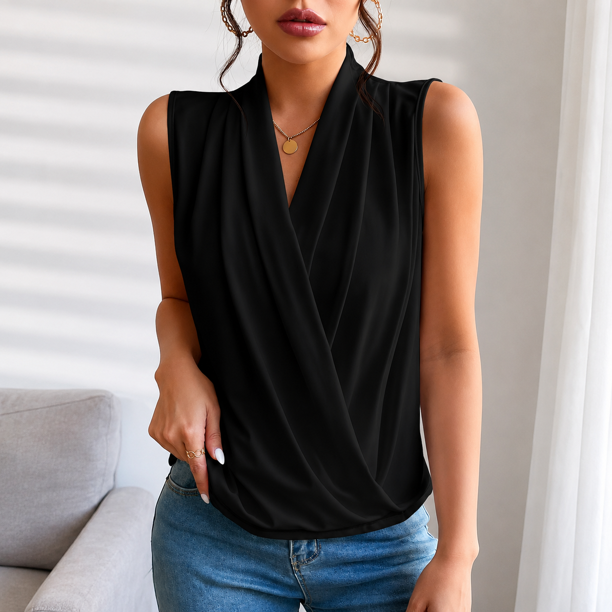 Regular Fit Front Ruched Sleeveless Tank Top For Women