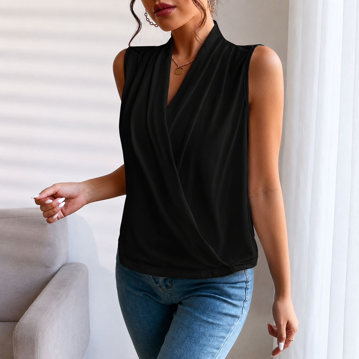Regular Fit Front Ruched Sleeveless Tank Top For Women