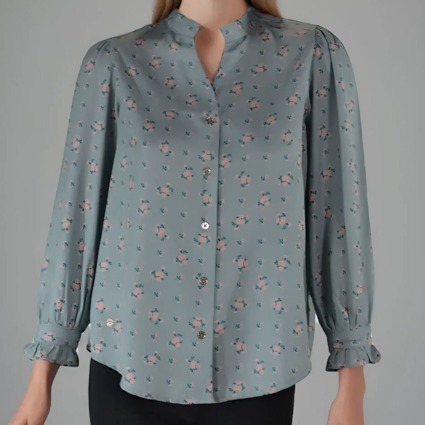 Loose Fit Floral Shirt With Front Button Closure And Long Sleeves For Women