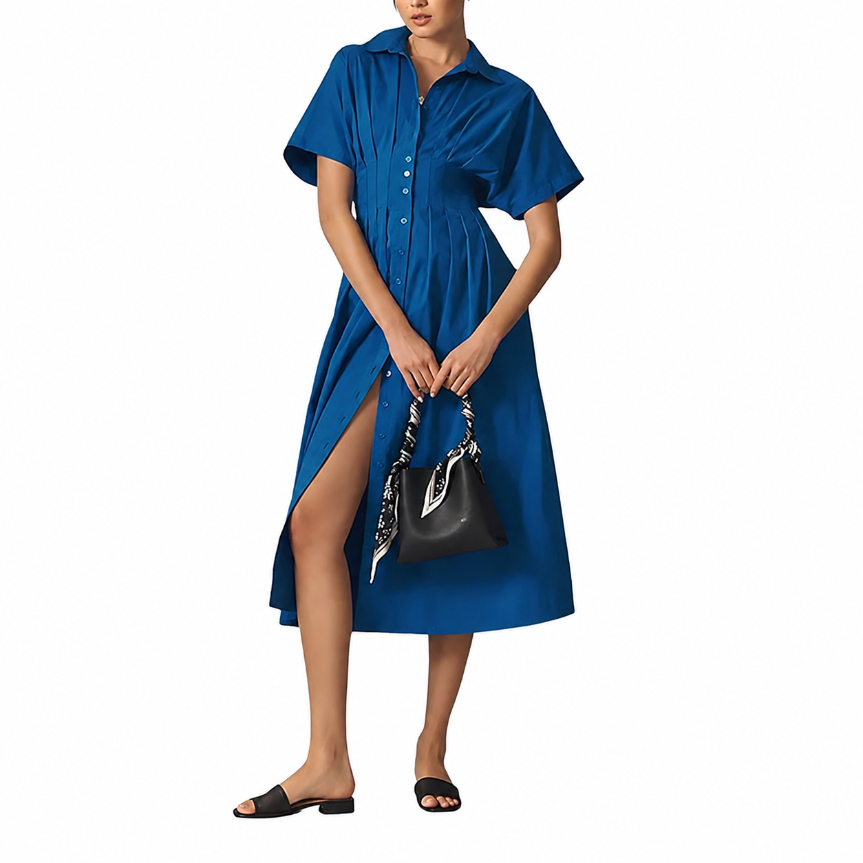 Casual Short Sleeve Button Down Loose Fit Pleated Maxi Sundress With Pockets For Women