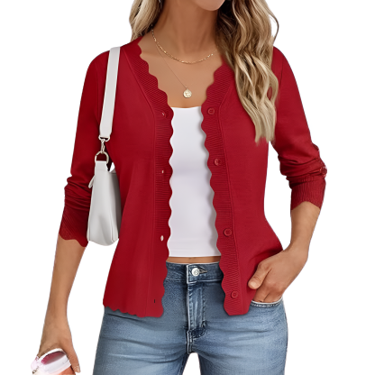 Lightweight Button Down Knit Cardigan With Scallop Trim