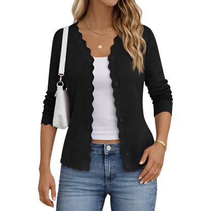 Lightweight Button Down Knit Cardigan With Scallop Trim