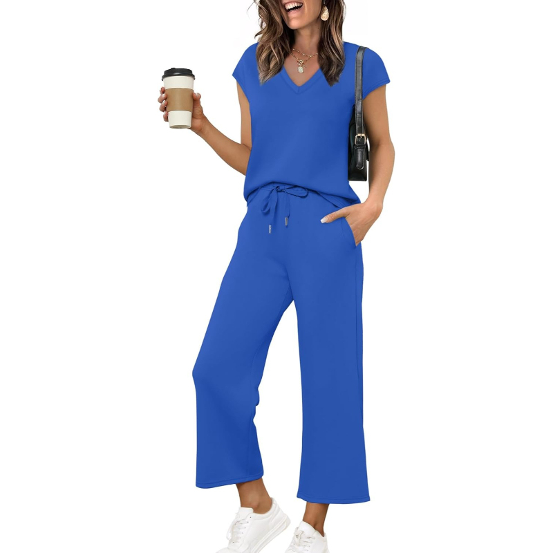 Two Piece Lounge Sets For Women With Summer Short Sleeve Top And Wide Pants