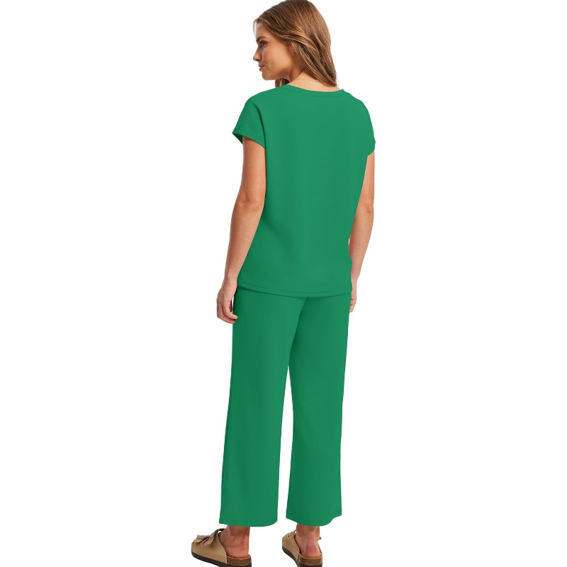 Two Piece Lounge Sets For Women With Summer Short Sleeve Top And Wide Pants