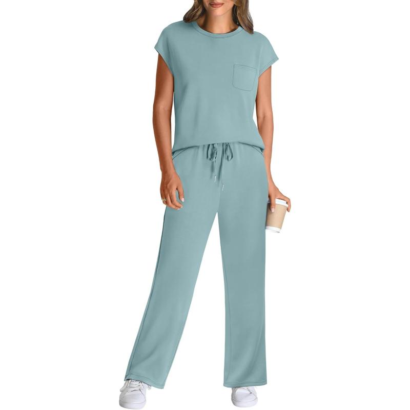 Two Piece Lounge Sets For Women With Cap Sleeve Top And Matching Pants