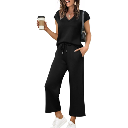 Two Piece Lounge Sets For Women With Summer Short Sleeve Top And Wide Pants