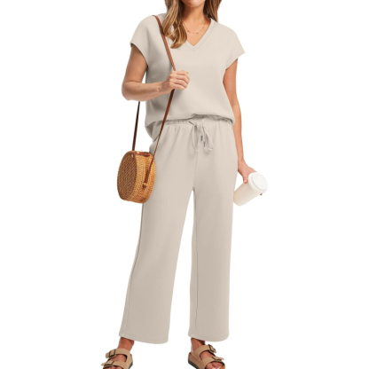 Two Piece Lounge Sets For Women With Summer Short Sleeve Top And Wide Pants