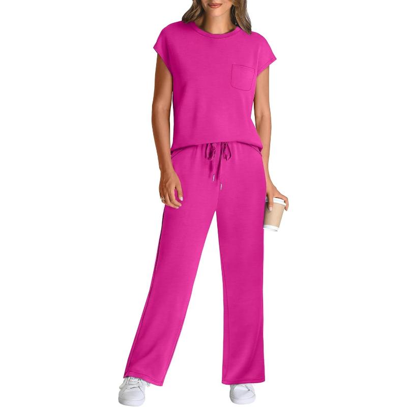 Two Piece Lounge Sets For Women With Cap Sleeve Top And Matching Pants