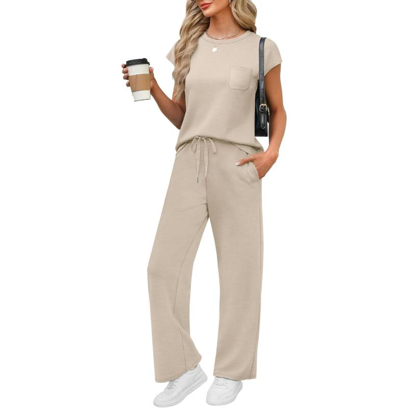 Two Piece Lounge Sets For Women With Cap Sleeve Top And Matching Pants