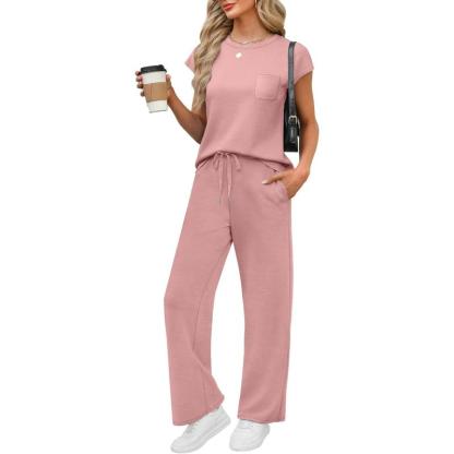Two Piece Lounge Sets For Women With Cap Sleeve Top And Matching Pants