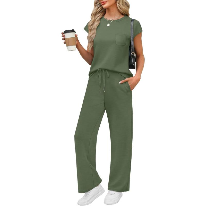 Two Piece Lounge Sets For Women With Cap Sleeve Top And Matching Pants