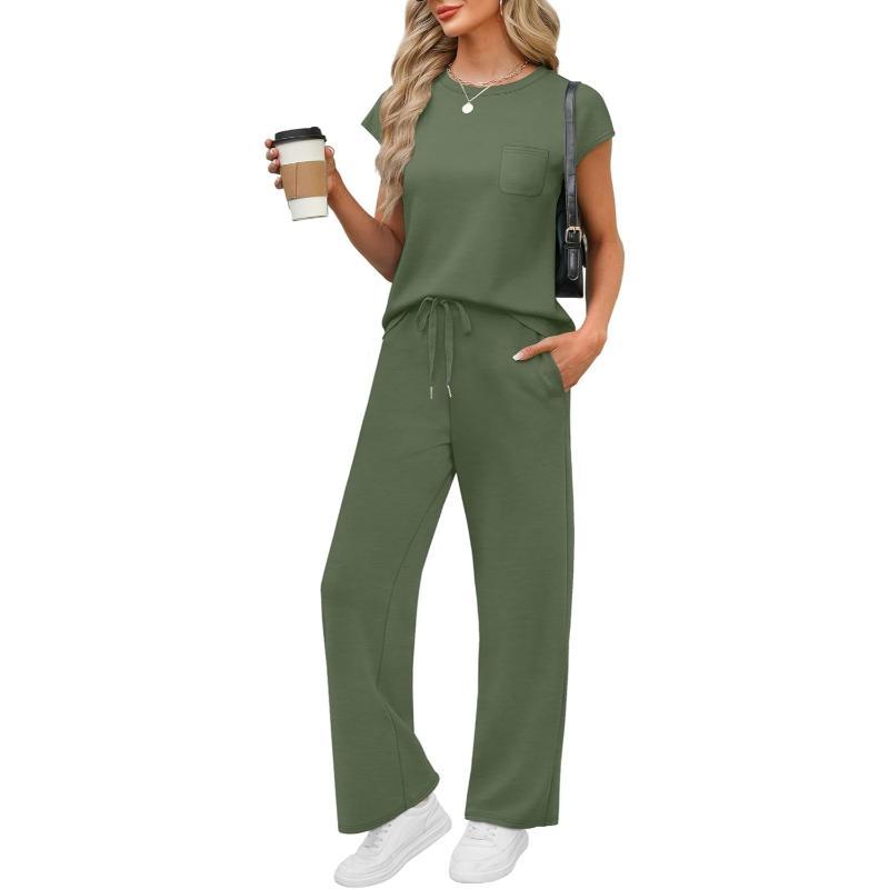 Two Piece Lounge Sets For Women With Cap Sleeve Top And Matching Pants