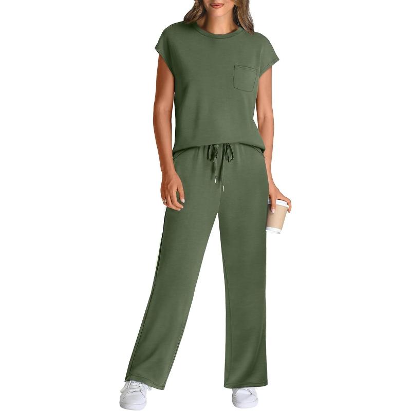 Two Piece Lounge Sets For Women With Cap Sleeve Top And Matching Pants