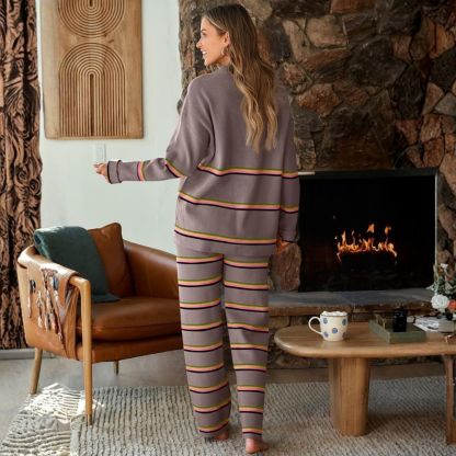 2 Piece Sets Lounge for Women Sweatsuits Striped Knit Sweater