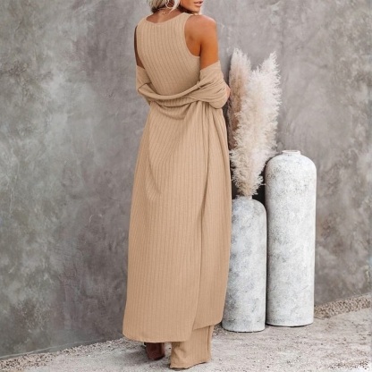 Three Piece Lounge Sets For Women With Knit Long Sleeve Cardigan And Crop Top And Wide Pants