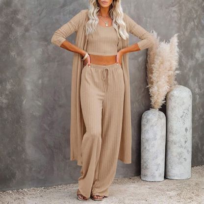 Women's 3 Piece Lounge Sets Pajamas Knit Long Sleeve Cardigan Crop Top Wide Leg Pants