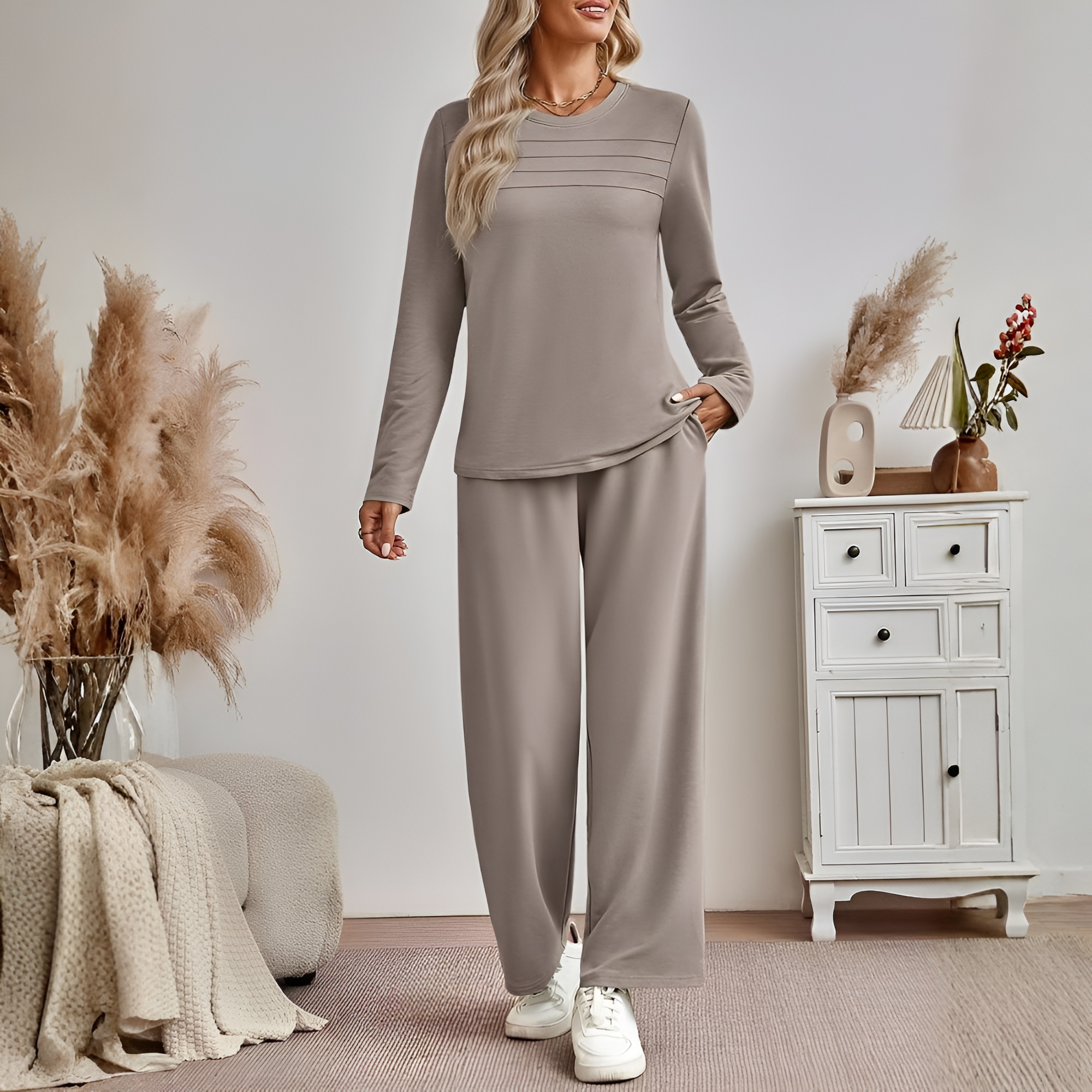 Two Piece Lounge Sets For Women With Comfortable Sweatshirt And Wide Matching Pants