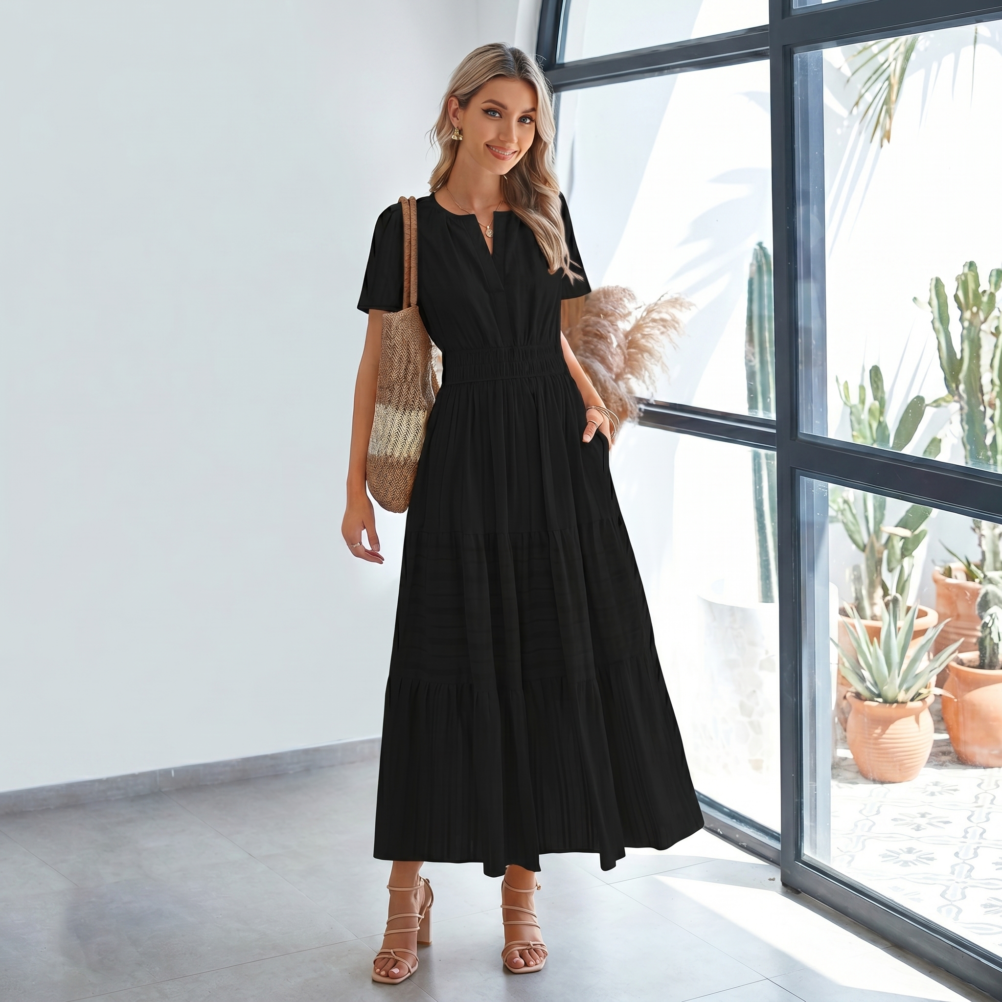 Womens Summer 2026 Casual Midi Maxi Dresses Lightweight Short Sleeve V Neck Elastic Waist Boho Beach Dress Pockets