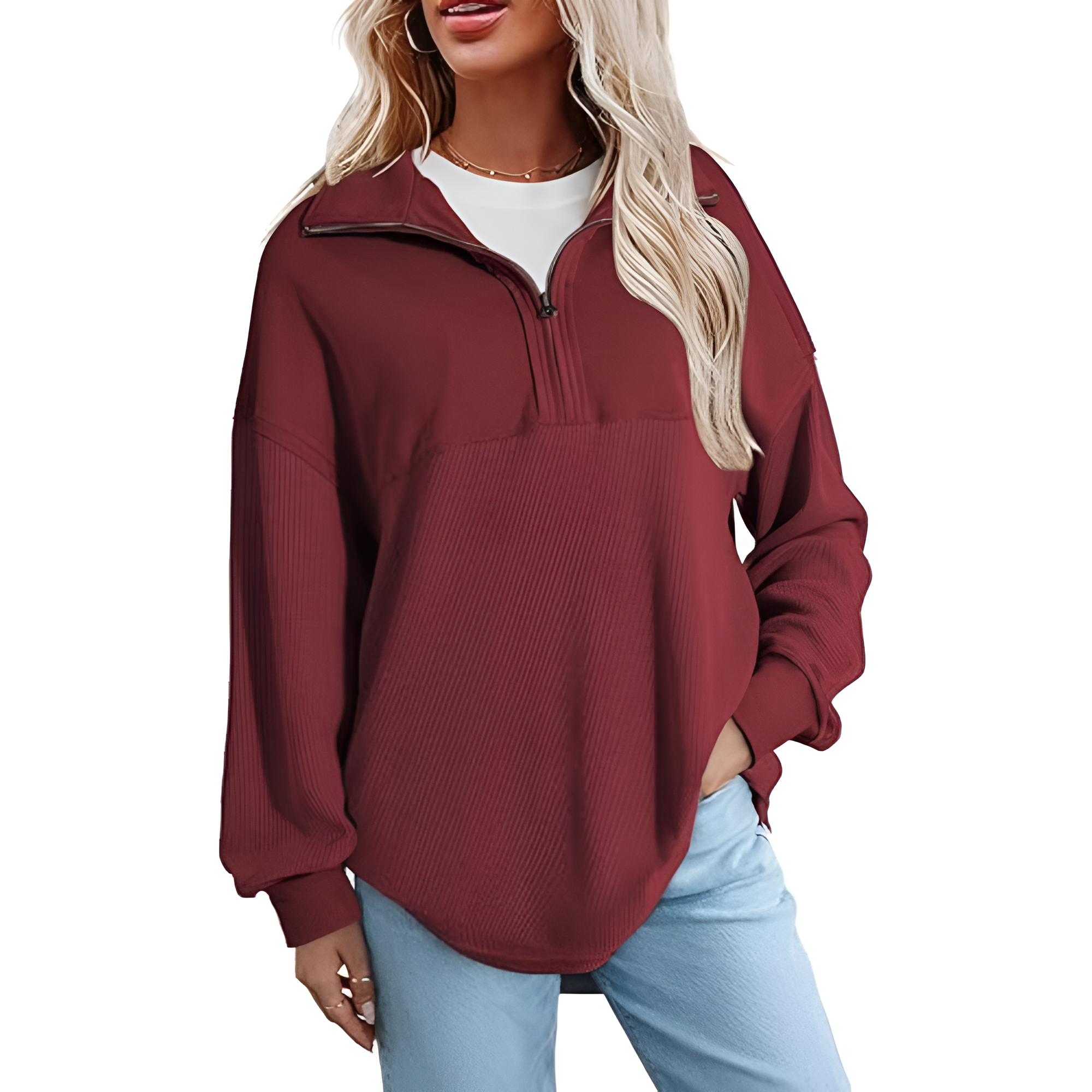 Casual Waffle Knit Half Zip Sweatshirt Pullover With Loose Fit For Women