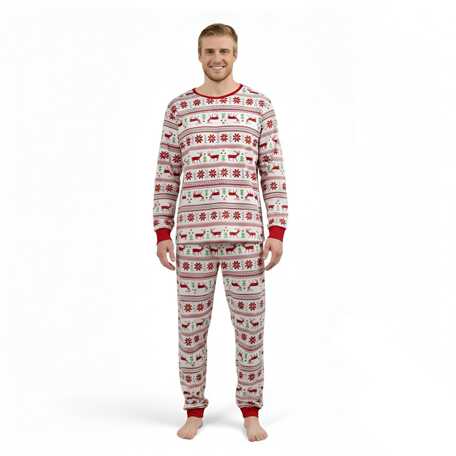 Festive Reindeer Snowflake Print Pajama Set With Long Sleeve Tops And Loungewear