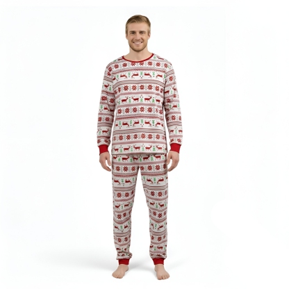 Festive Reindeer Snowflake Print Pajama Set With Long Sleeve Tops And Loungewear