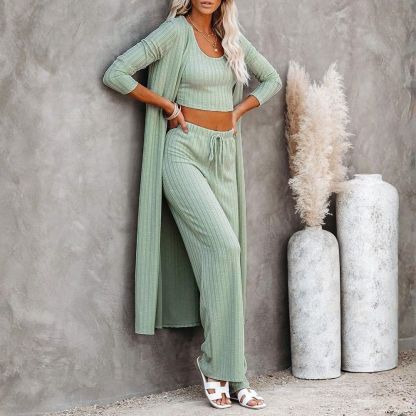 Women's 3 Piece Lounge Sets Pajamas Knit Long Sleeve Cardigan Crop Top Wide Leg Pants
