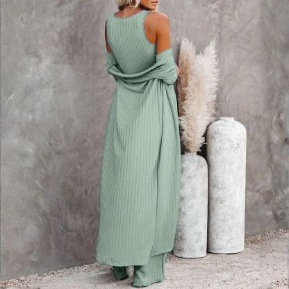 Women's 3 Piece Lounge Sets Pajamas Knit Long Sleeve Cardigan Crop Top Wide Leg Pants