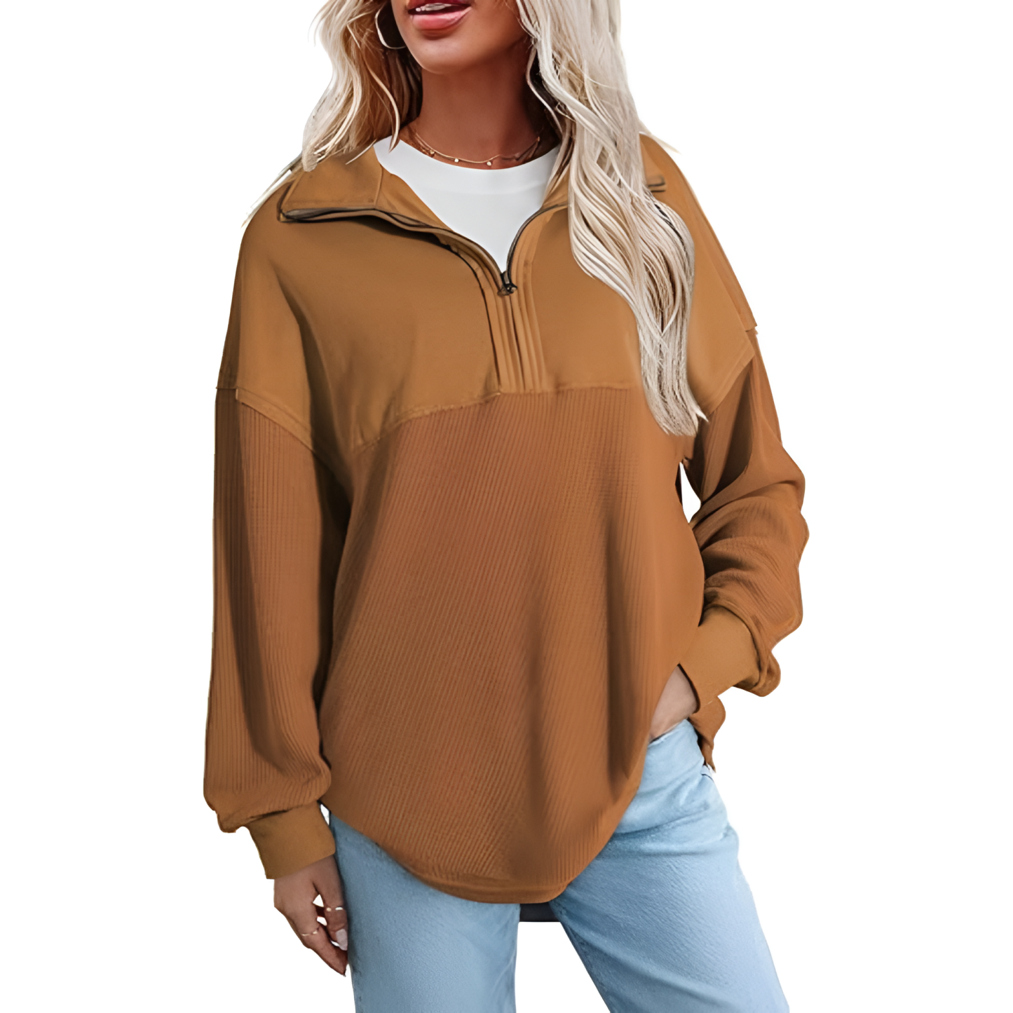 Casual Waffle Knit Half Zip Sweatshirt Pullover With Loose Fit For Women