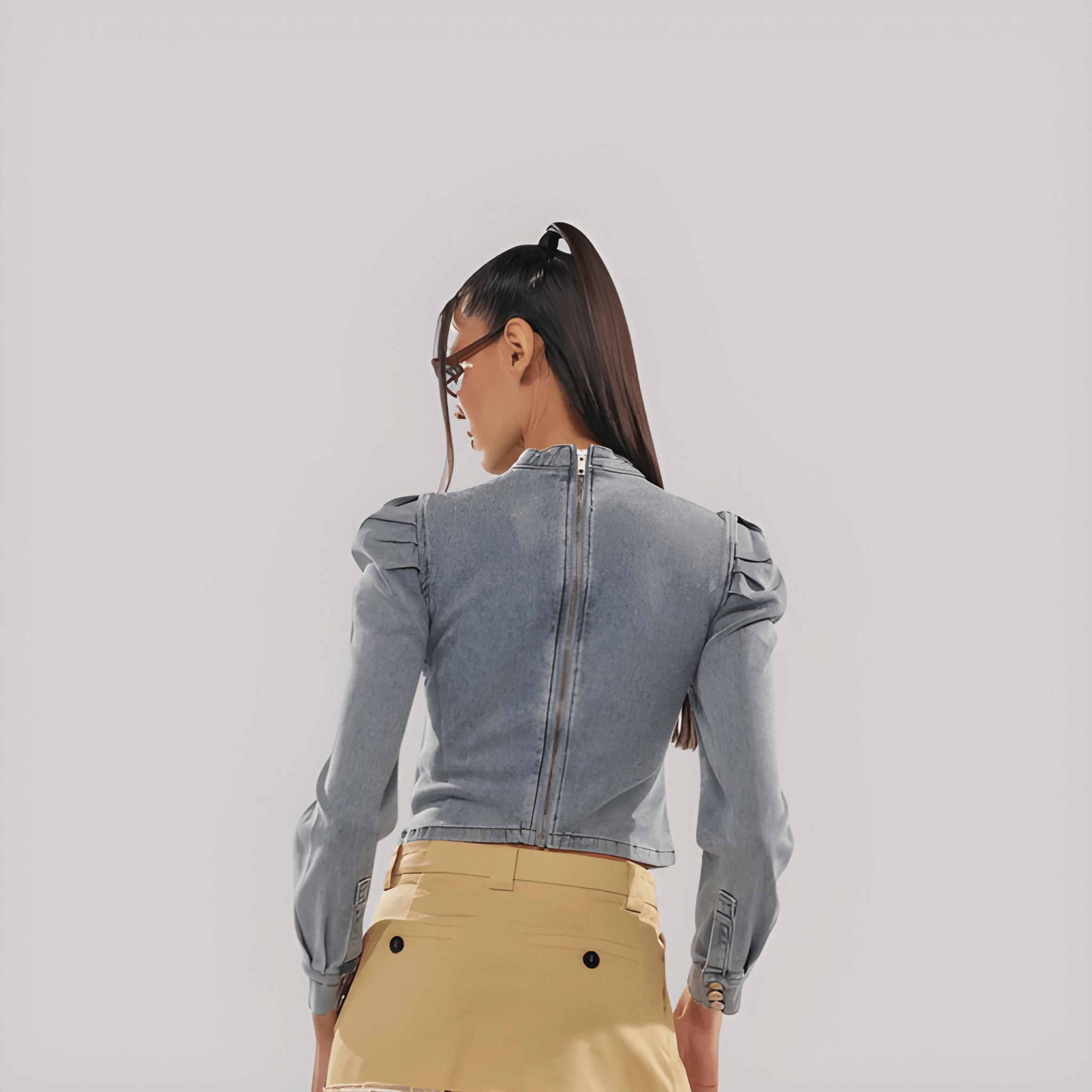 Denim Bow Top With Long Puff Sleeves For Women