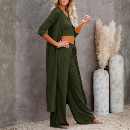 Women's 3 Piece Lounge Sets Pajamas Knit Long Sleeve Cardigan Crop Top Wide Leg Pants
