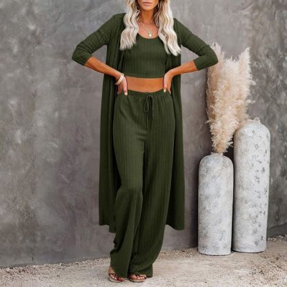 Women's 3 Piece Lounge Sets Pajamas Knit Long Sleeve Cardigan Crop Top Wide Leg Pants