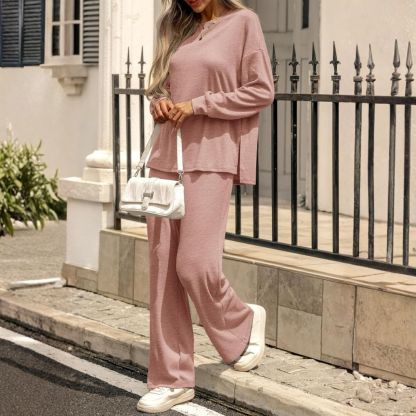 Womens Lounge Set 2025 Fall 2 Piece Outfits Long Sleeve Tops Wide Leg Long Pants