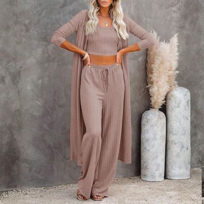 Women's 3 Piece Lounge Sets Pajamas Knit Long Sleeve Cardigan Crop Top Wide Leg Pants