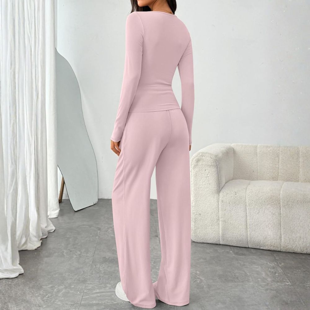 2 Piece Scoop Neck Lounge Set Womens Wide Leg Pants Side Ruching Slightly Crop Top