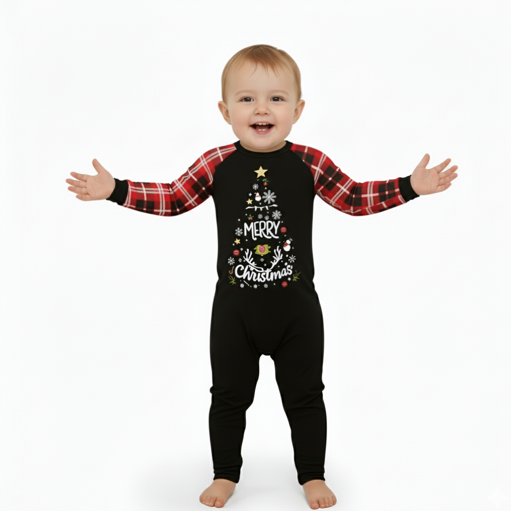 Merry Christmas Tree Printed Family Matching Plaid Pajama Set