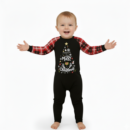 Merry Christmas Tree Printed Family Matching Plaid Pajama Set