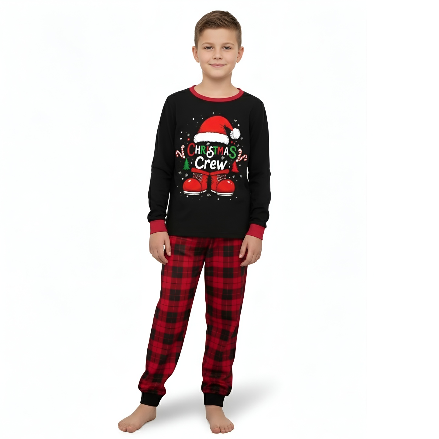 Plaid Santa Hat Christmas Crew Printed Family Matching Pajama Set