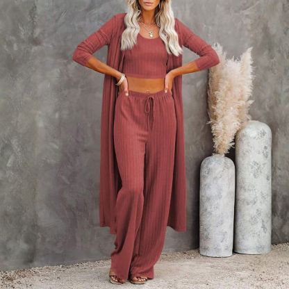Women's 3 Piece Lounge Sets Pajamas Knit Long Sleeve Cardigan Crop Top Wide Leg Pants