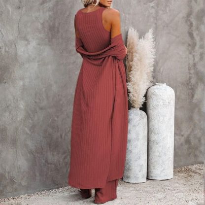 Women's 3 Piece Lounge Sets Pajamas Knit Long Sleeve Cardigan Crop Top Wide Leg Pants