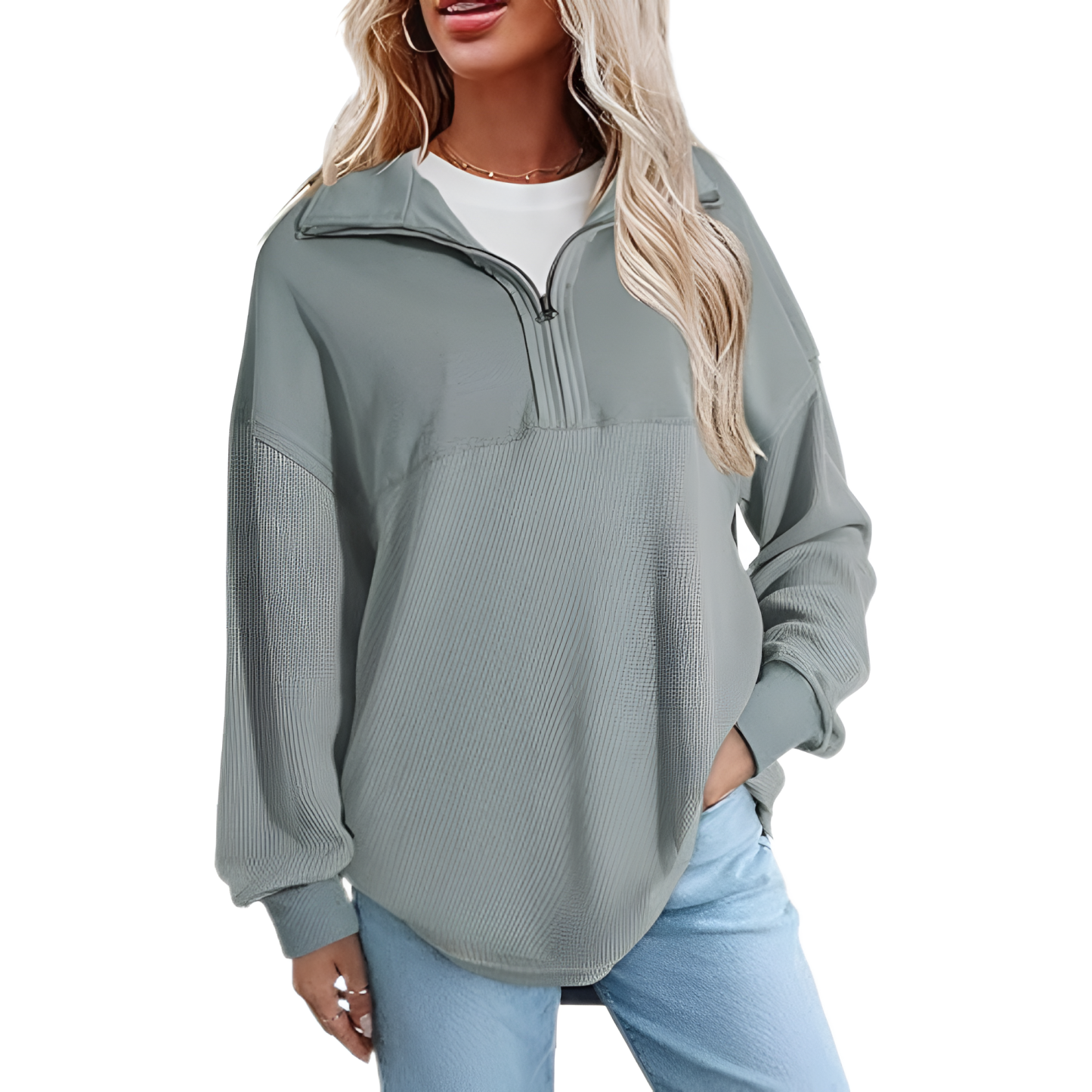 Casual Waffle Knit Half Zip Sweatshirt Pullover With Loose Fit For Women