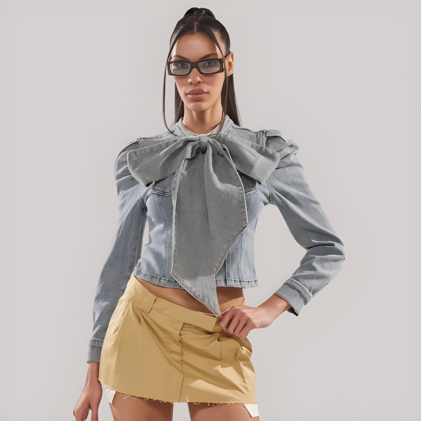 Denim Bow Top With Long Puff Sleeves For Women