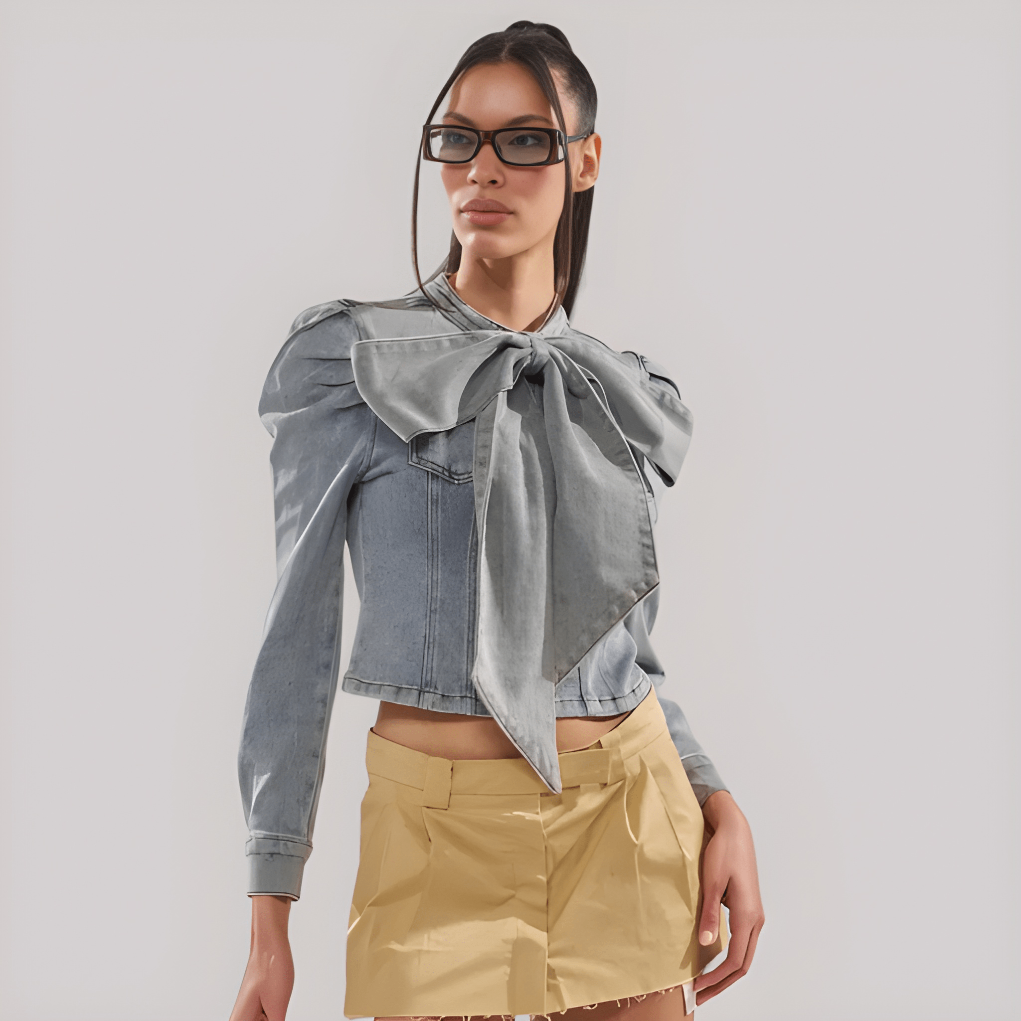 Denim Bow Top With Long Puff Sleeves For Women