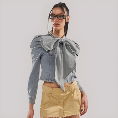 Denim Bow Top With Long Puff Sleeves For Women