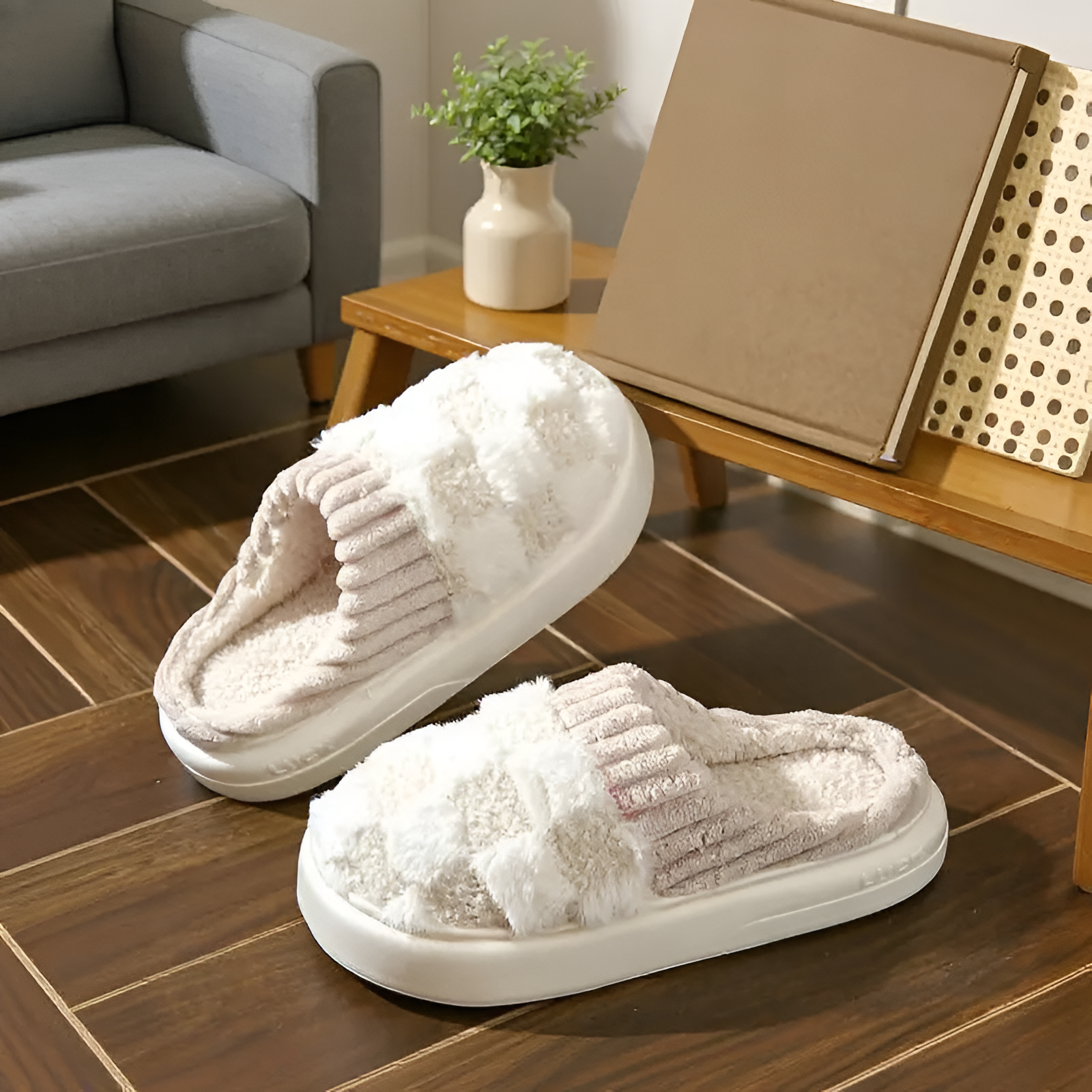 Plush Checkered Slip On Slippers