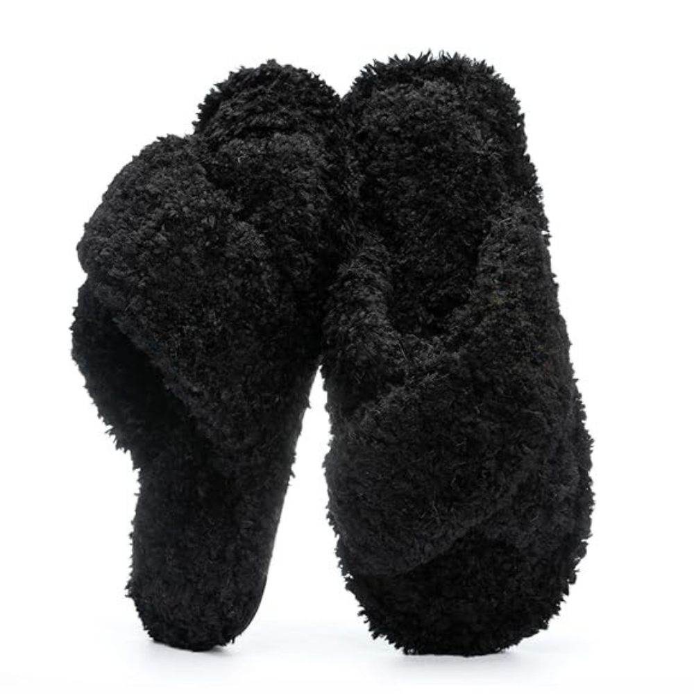 Women Fuzzy Memory Foam Cross Band Cozy Indoor Outdoor Slipper
