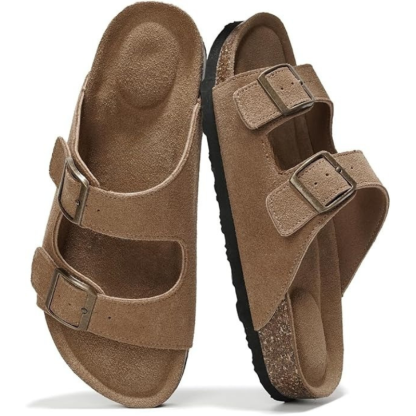Leather Flat Sandals With Adjustable Straps And Cushioned Footbed