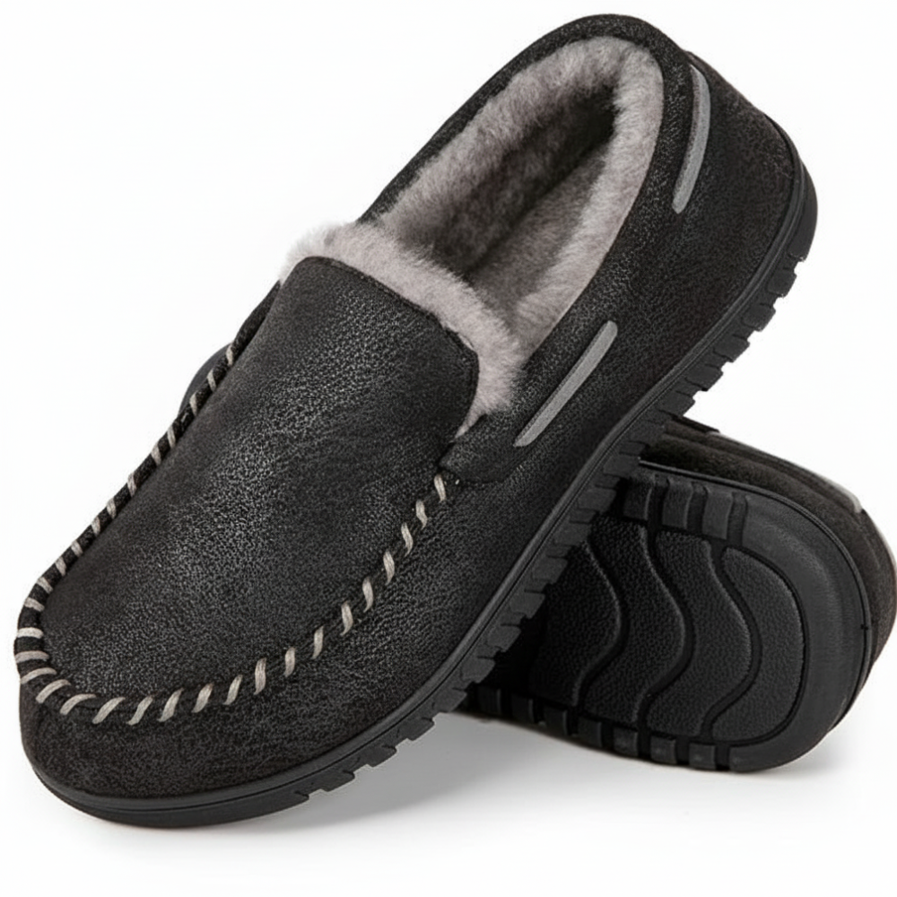 Mens Faux Suede Moccasin Slippers with Warm Lining and Memory Foam
