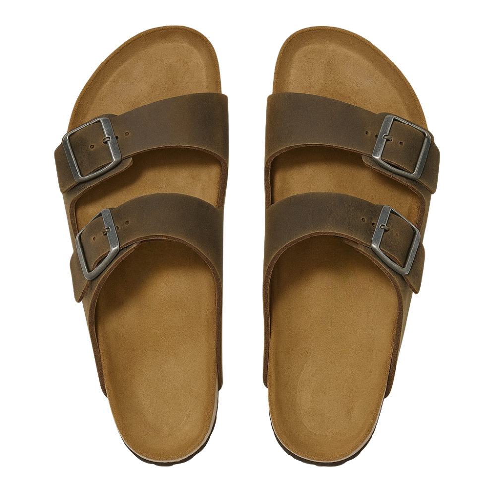Mixed Leather Sandals With Cork Latex Adjustable Buckle